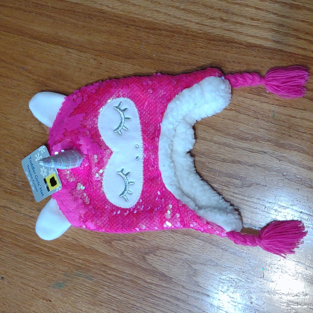 Unicorn sequin Critter warm fuzzy hat toddler girl NEW!